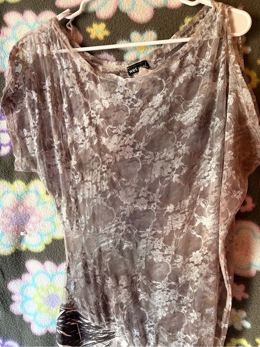 Wet Seal Taupe Lace Overlay Short Sleeve Top